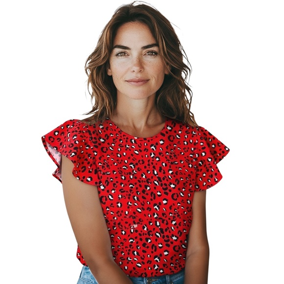 Faith & Joy Red Leopard animal Print Short flutter Sleeve stretchy blouse small - Picture 1 of 11